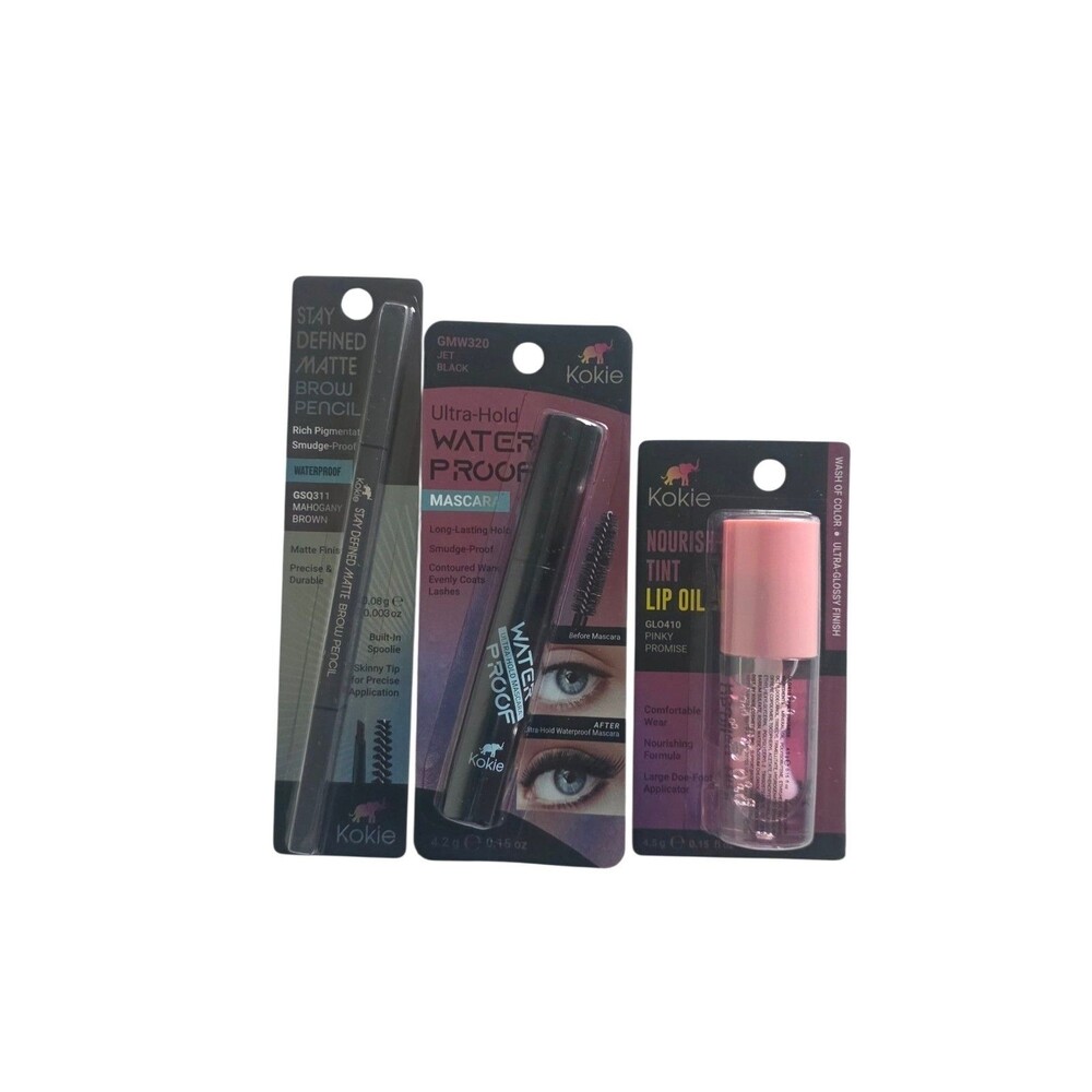 Kokie Nourish Tint Lip Oil , Mascara &Mahogany BrownMatte Brow Pencil Glossy~3pk